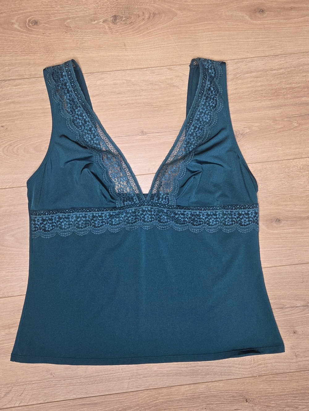 Y2K Lace Trim Cami Tank Top Stretch V-Neck Teal Large